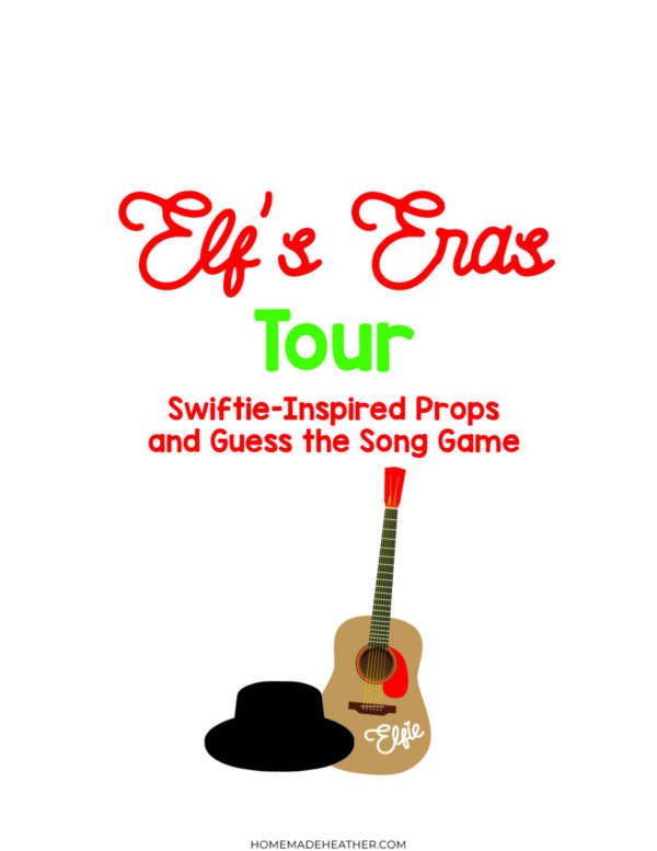 Colorful graphic with the text “Elf’s Eras Tour: Swiftie-Inspired Props and Guess the Song Game.” Below is a guitar labeled “Elfie” and a black hat.
