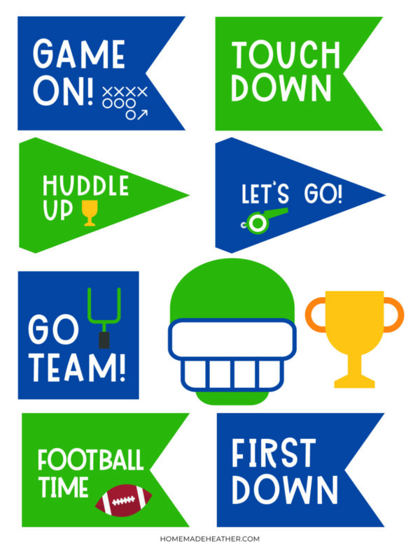 A collage of blue and green football-themed pennants with phrases like Game On!, Touch Down, Huddle Up, Lets Go!, Go Team!, First Down, and Football Time, plus a helmet and trophy icon.
