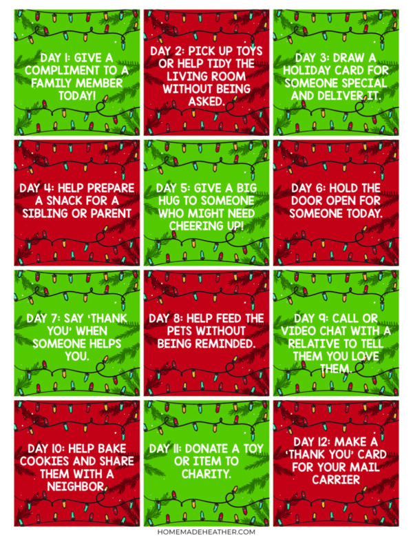 A festive grid with 12 squares, each featuring a daily kindness challenge for kids, such as giving compliments, drawing cards, helping at home, and donating to charity, on red and green backgrounds with white lights.