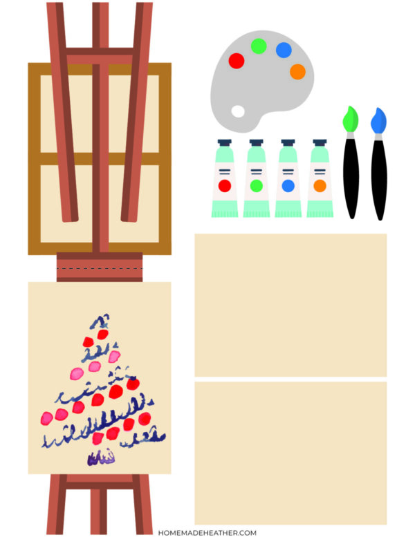 A digital illustration of an artistโs easel holding a canvas with colorful paint strokes, paint tubes, two brushes, a palette with paint dabs, and blank canvases beside the easel.
