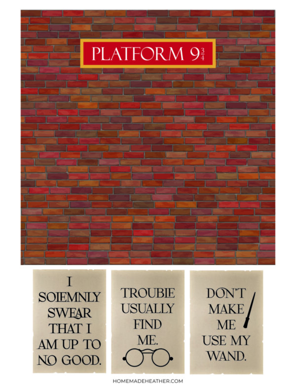 A brick wall with a red and gold โPlatform 9 3/4โ sign at the top. Below are three signs with phrases: I solemnly swear that I am up to no good, Trouble usually find me, and Dont make me use my wand.