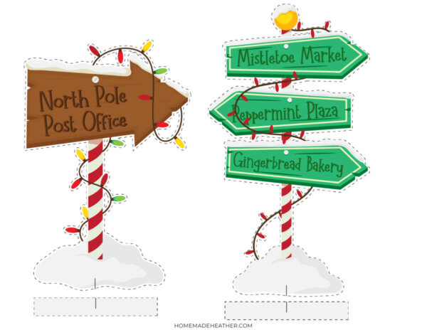 Two festive signposts on snowy bases with Christmas lights. One points to North Pole Post Office. The other has three arrows labeled Mistletoe Market, Peppermint Plaza, and Gingerbread Bakery.