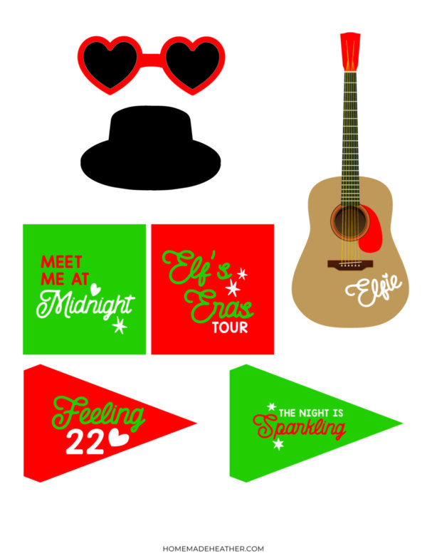 A set of colorful photo booth props: heart-shaped sunglasses, a black hat, an acoustic guitar labeled Elfie, two square signs with festive messages, and two triangular pennants with celebratory text.