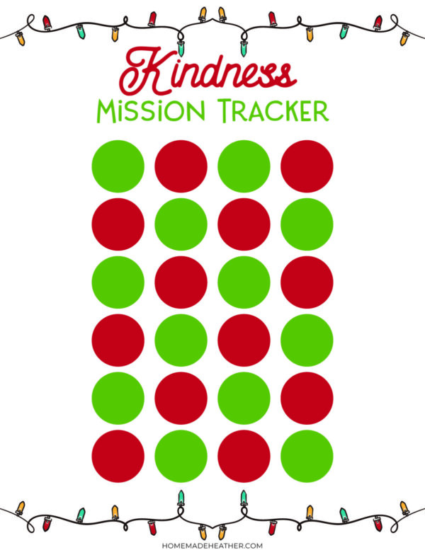 Kindness Mission Tracker with alternating red and green circles in a grid, holiday string lights border at top and bottom, and festive text at the top.