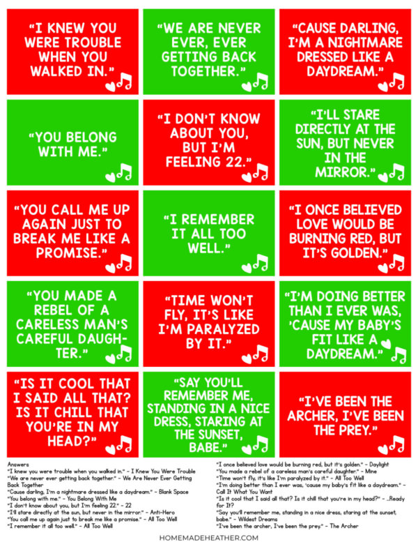 A grid of Taylor Swift song lyrics in alternating red and green boxes, each with a musical note icon. The bottom includes a list matching each lyric to its song title.