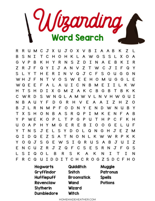 A Harry Potter-themed word search titled Wizarding Word Search, with a wand and sorting hat graphic. Listed words to find include Hogwarts, Gryffindor, Dumbledore, Quidditch, Witch, and more.