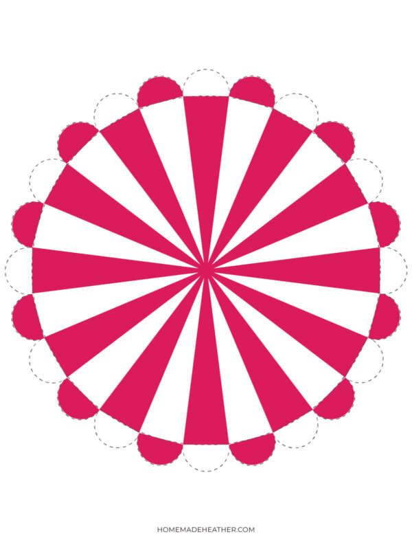 A circular template divided into 16 alternating pink and white wedges, with pink semicircles along the outer edge and dashed outlines of semicircles in between.