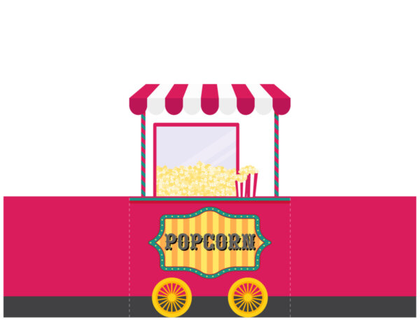 Illustration of a red popcorn cart with a pink and white striped canopy, a window displaying popcorn, and a colorful Popcorn sign. Two yellow wheels are at the bottom of the cart.
