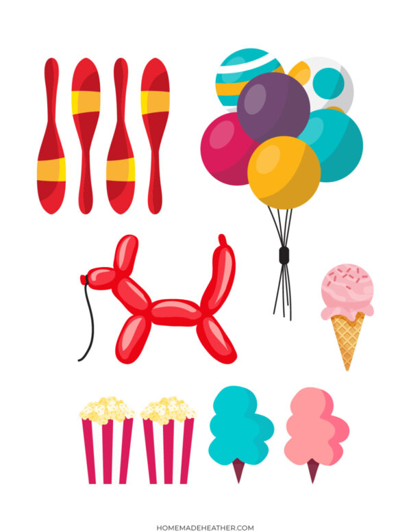 Colorful illustration of circus and carnival items including juggling pins, balloons, a red balloon dog, an ice cream cone, popcorn, and cotton candy.
