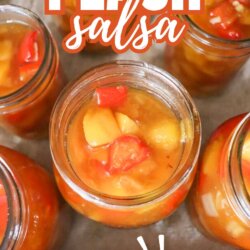 Top-down view of several glass jars filled with chunky peach salsa containing peach and red bell pepper pieces. Bold text reads “PEACH salsa” and “SO EASY!” with the website homemadeheather.com at the bottom.