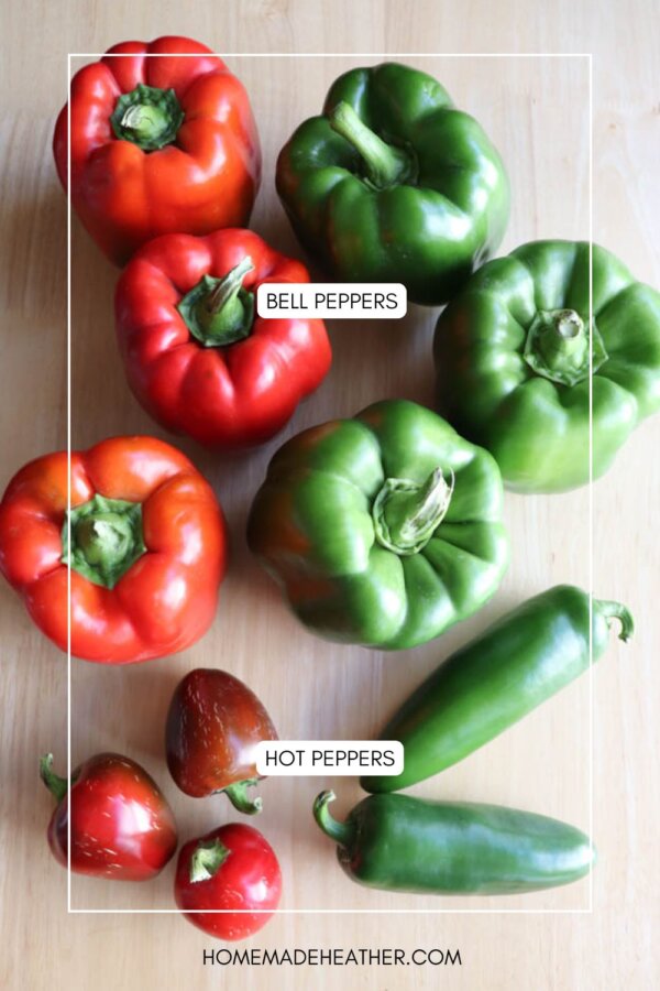 A top view of assorted bell peppers (red and green) and hot peppers (red and green jalapeños) on a light wooden surface, with labels identifying each type.