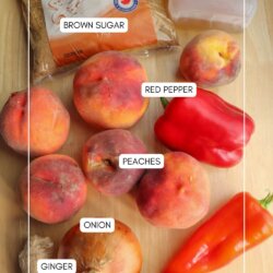 A top-down view of ingredients on a wooden surface, including brown sugar, apple cider, red bell peppers, peaches, an onion, ginger, and garlic, each labeled with white text boxes.