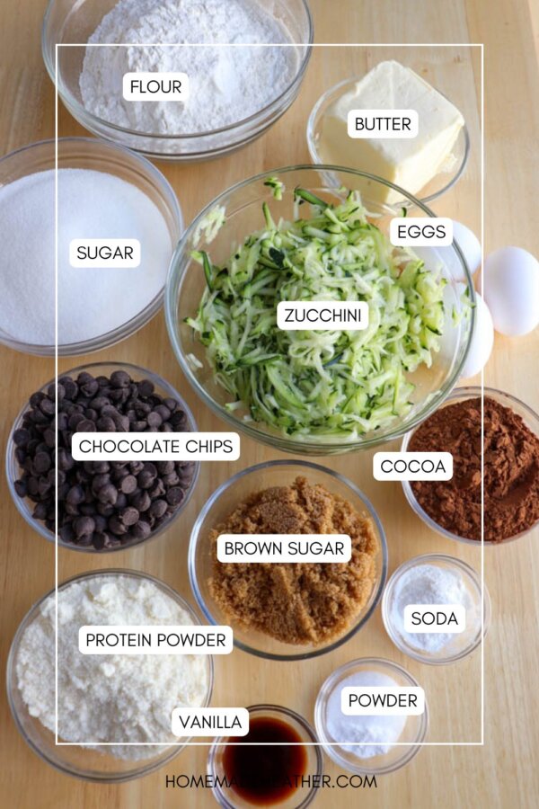 A top-down view of labeled baking ingredients in bowls on a wooden surface, including flour, butter, sugar, eggs, shredded zucchini, chocolate chips, cocoa, brown sugar, protein powder, baking soda, and vanilla.