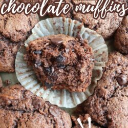 Close-up of zucchini chocolate muffins with one muffin cut in half, showing its moist, chocolatey inside. Text over the image reads Zucchini chocolate muffins and High protein. Website: homemadeheather.com.