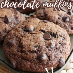 Close-up of chocolate zucchini muffins topped with chocolate chips on a woven mat. Text reads, “Zucchini chocolate muffins, high protein.” The bottom displays the website name “homemadeheather.com.”.