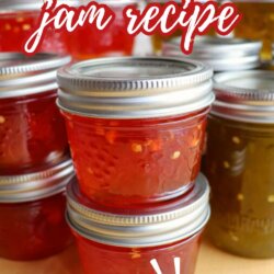 A close-up of glass jars filled with homemade hot pepper jam, stacked on a wooden surface. Bold text above reads Hot Pepper Jam Recipe and a label says So Easy! The website homemadetheather.com is shown at the bottom.