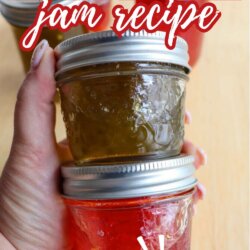 A hand holds two small mason jars of hot pepper jam, one green and one red, with more jars in the background. Bold text reads Hot Pepper Jam Recipe and So Good! at the bottom.