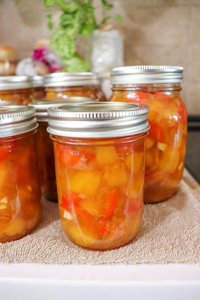 Glass jars filled with a colorful fruit and vegetable mixture, sealed with metal lids, are arranged on a beige towel. The background includes more jars and a blurred kitchen setting with green plants.