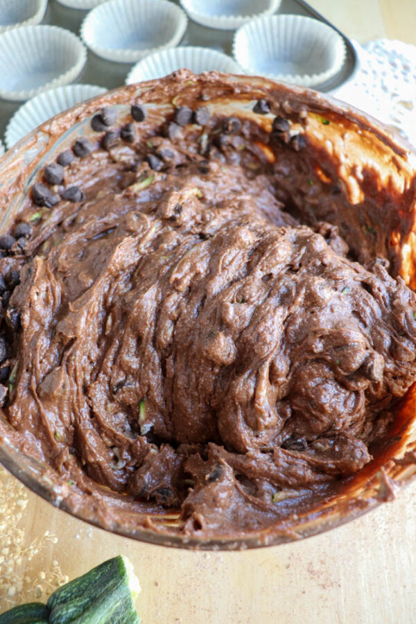 A close-up of a mixing bowl filled with chocolate chip muffin batter, with chocolate chips visible on top. In the background, a muffin tin lined with paper baking cups is partially visible.