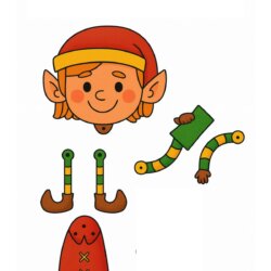 Cut-out parts to assemble a cartoon elf, including a smiling elf head with a red hat, two green-and-yellow striped arms, two legs with curled shoes, and a decorated red outfit piece.