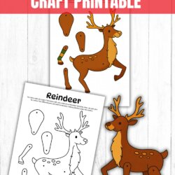 Three images show a split pin reindeer craft printable: a colored reindeer with cut-out parts, a black-and-white printable template, and a finished reindeer craft. Text above reads Split Pin Reindeer Craft Printable.