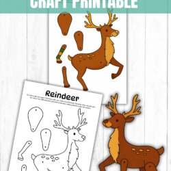 A printable reindeer craft with cut-out parts for assembling a reindeer using split pins, shown colored and uncolored. Text reads Split Pin Reindeer Craft Printable and homemadeheather.com.