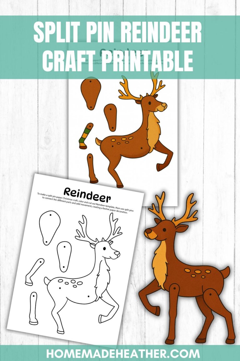 A printable reindeer craft with cut-out parts for assembling a reindeer using split pins, shown colored and uncolored. Text reads Split Pin Reindeer Craft Printable and homemadeheather.com.
