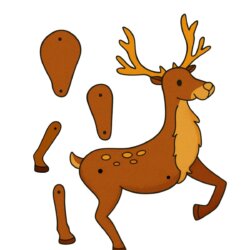A printable cut-out template of a cartoon reindeer with separate body parts, including the head, body, two legs, and one arm, designed to be assembled. The word Reindeer is at the top of the image.
