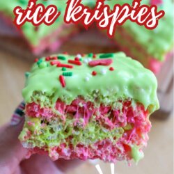 A hand holds a colorful Grinch-themed Rice Krispies treat with green icing and red and green sprinkles. The treat has pink and green layers. Text reads Grinch rice krispies and So good!.