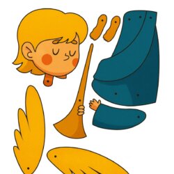 Illustration of an angel craft template with separate parts: a head, two arms, a trumpet, two wings, two hands, and a robe. The pieces are arranged on a white background for assembly.