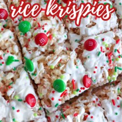 Close-up of Christmas-themed Rice Krispies treats topped with white icing, red and green M&M candies, and festive sprinkles. Text reads Christmas rice krispies and So easy! homemadeheather.com at the bottom.
