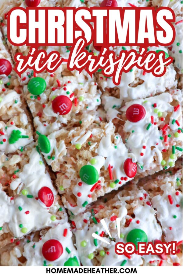 Close-up of Christmas-themed Rice Krispies treats topped with white icing, red and green M&M candies, and festive sprinkles. Text reads Christmas rice krispies and So easy! homemadeheather.com at the bottom.