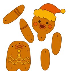Illustration of a disassembled gingerbread man with a head wearing a Santa hat, arms, legs, and a decorated torso. The text โGingerbread Manโ is at the top.