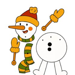 Illustration of snowman parts, including a round body, a head with a carrot nose and hat, two orange mittens on stick arms, striped scarf, and two stick legs, arranged separately for assembling. The word Snowman is at the top.