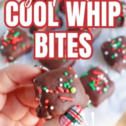 A hand holds a chocolate-covered treat topped with red, green, and white sprinkles. More decorated bite-sized treats are on a tray in the background. Text reads: High Protein Cool Whip Bites, TikTok Recipe.