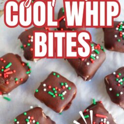 Squares of chocolate-covered treats with red, green, and white sprinkles are arranged on parchment paper. Text on the image reads High Protein Cool Whip Bites, TikTok Recipe, and homemadeheather.com.