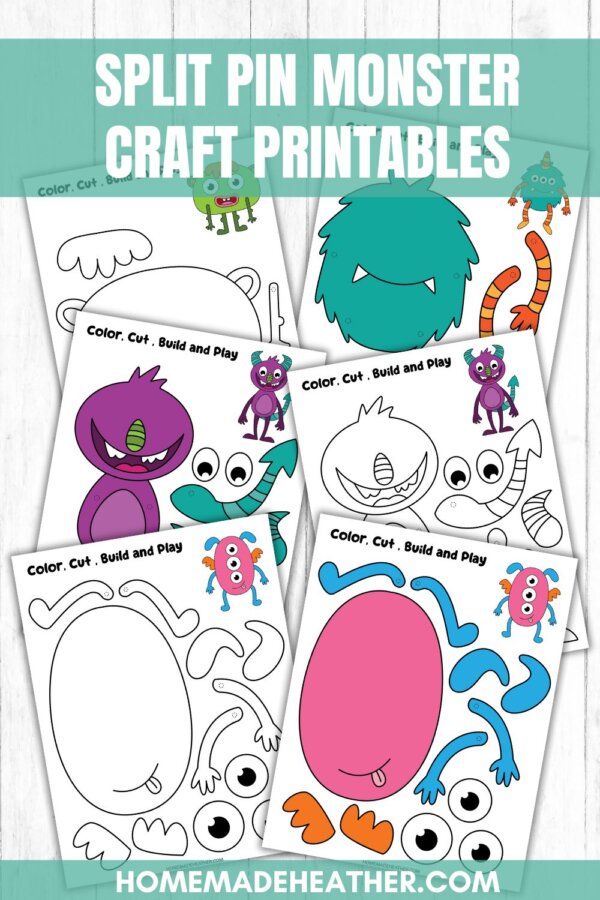 nature printable bingo sheets Six printable monster craft sheets are displayed, featuring colorful and black-and-white monster parts for cutting, coloring, and assembly, with playful monster illustrations and eyes on a wooden background. Text reads Split Pin Monster Craft Printables.