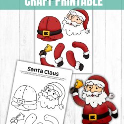 A printable craft sheet for making a split pin Santa Claus, featuring colored and black-and-white cut-out pieces of Santa’s hat, head, arms, and legs, plus instructions, on a white wooden background.