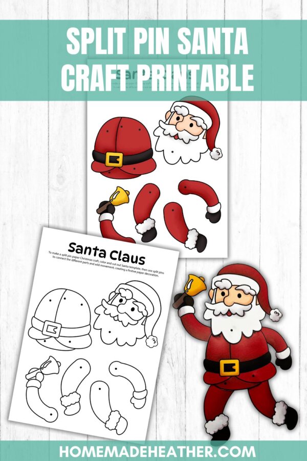A printable craft sheet for making a split pin Santa Claus, featuring colored and black-and-white cut-out pieces of Santa’s hat, head, arms, and legs, plus instructions, on a white wooden background.