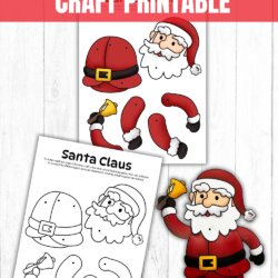 Printable Split Pin Santa craft sheet showing colored and black-and-white templates of Santa’s face, hat, arms, and legs, plus an assembled Santa figure holding a bell. Text reads “Split Pin Santa Craft Printable.”.