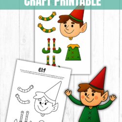 A printable craft sheet for making a split pin boy elf, showing colored and black-and-white template pieces, and a completed cut-out elf figure wearing a red hat and green outfit.