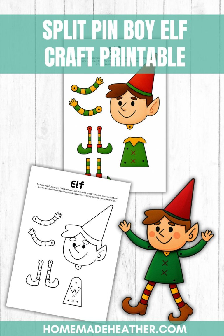 A printable craft sheet for making a split pin boy elf, showing colored and black-and-white template pieces, and a completed cut-out elf figure wearing a red hat and green outfit.