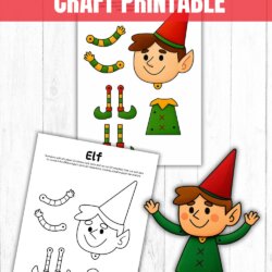 A printable craft sheet with colored and black-and-white pieces to assemble a boy elf with a red hat, pointed ears, and green outfit, displayed on a white wood background with the text โSPLIT PIN BOY ELF CRAFT PRINTABLE.โ.