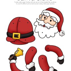Santa Claus paper craft template featuring cut-out pieces: a red hat, Santa’s face with a white beard, a red coat, two red arms with mittens, two red legs, and a gold bell.