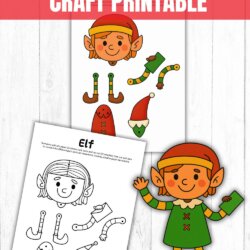 A printable craft sheet for making a split pin girl elf, featuring colored and black-and-white cut-out parts, and a finished example of the assembled elf with movable arms and legs.