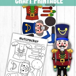 A printable nutcracker craft set on a white wood background, showing a colored and a black-and-white sheet with nutcracker parts, and a fully assembled, colorful nutcracker figure. Banner text reads Split Pin Nutcracker Craft Printable.