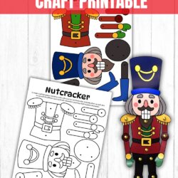 Three printable sheets for a split pin nutcracker craft, including one colored assembly example, a black-and-white template for coloring, and a fully assembled nutcracker figure on a wood background.