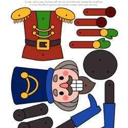 Colorful cut-out template of a nutcracker doll with separate pieces for the head, arms, legs, boots, jacket, and hands, designed for assembly with split pins.