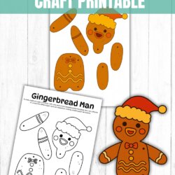 Printable gingerbread man craft with split pins, featuring a colored and black-and-white template, plus a finished gingerbread man with a Santa hat. Text reads Split Pin Gingerbread Craft Printable.