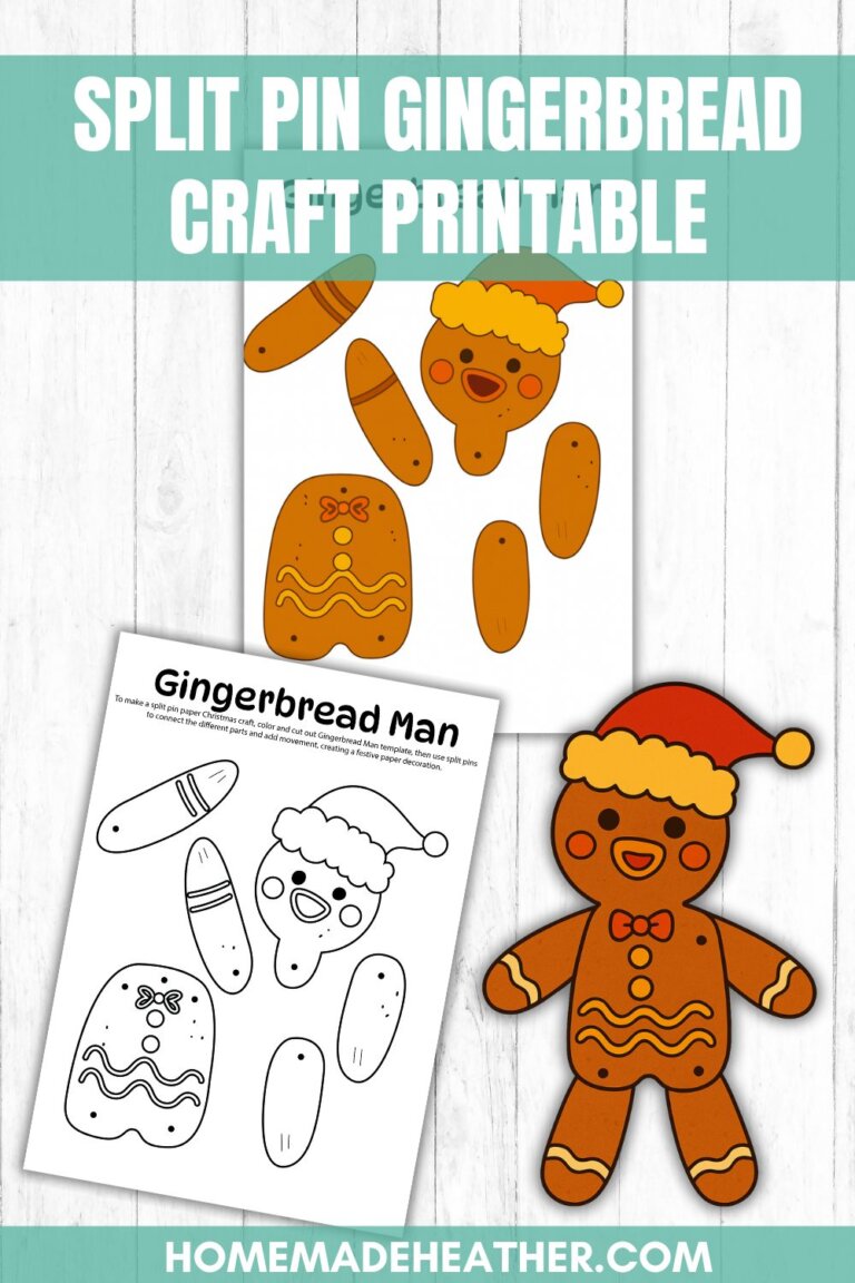Printable gingerbread man craft with split pins, featuring a colored and black-and-white template, plus a finished gingerbread man with a Santa hat. Text reads Split Pin Gingerbread Craft Printable.